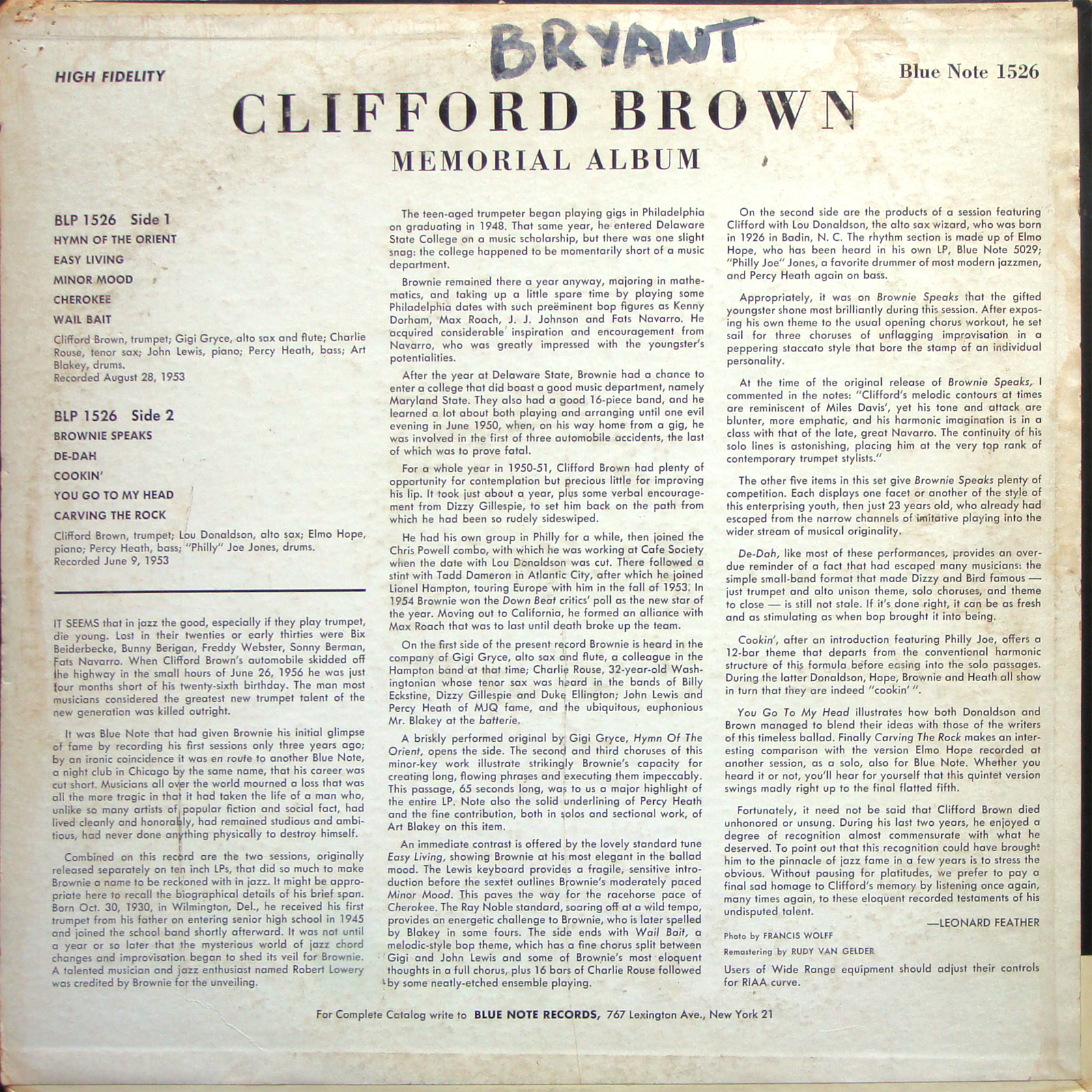 Clifford Brown Memorial Album LP Back Cover