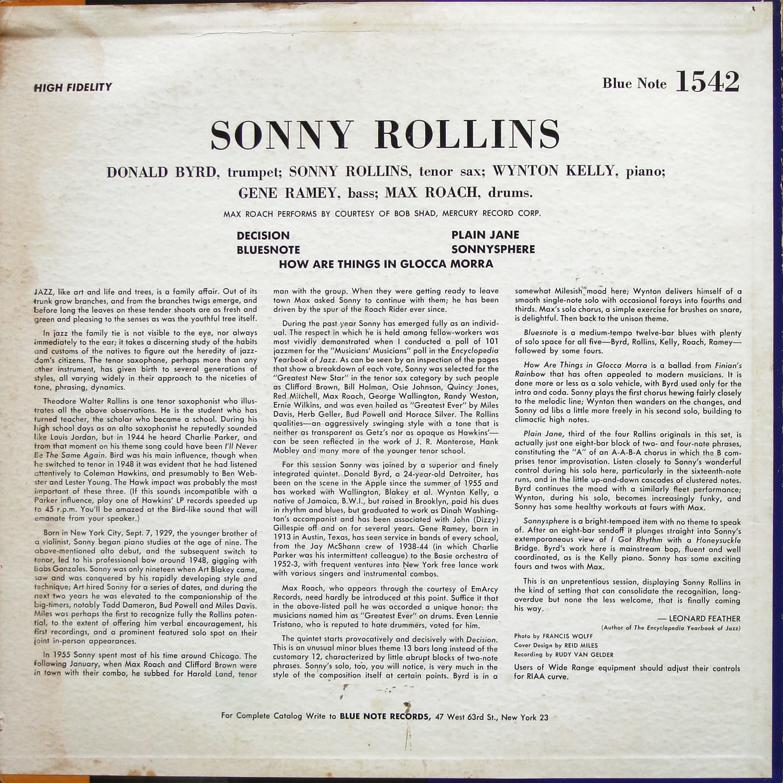 Sonny Rollins Volume 1 LP Back Cover
